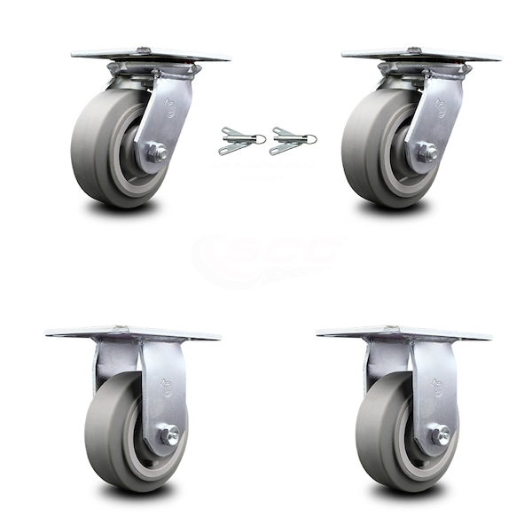 5 Inch Thermoplastic Caster Set with Roller Bearing 2 Swivel Lock and 2 Rigid